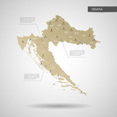 Stylized vector Croatia map.  Infographic 3d gold map illustration with cities, borders, capital, administrative divisions and pointer marks, shadow; gradient background. 
