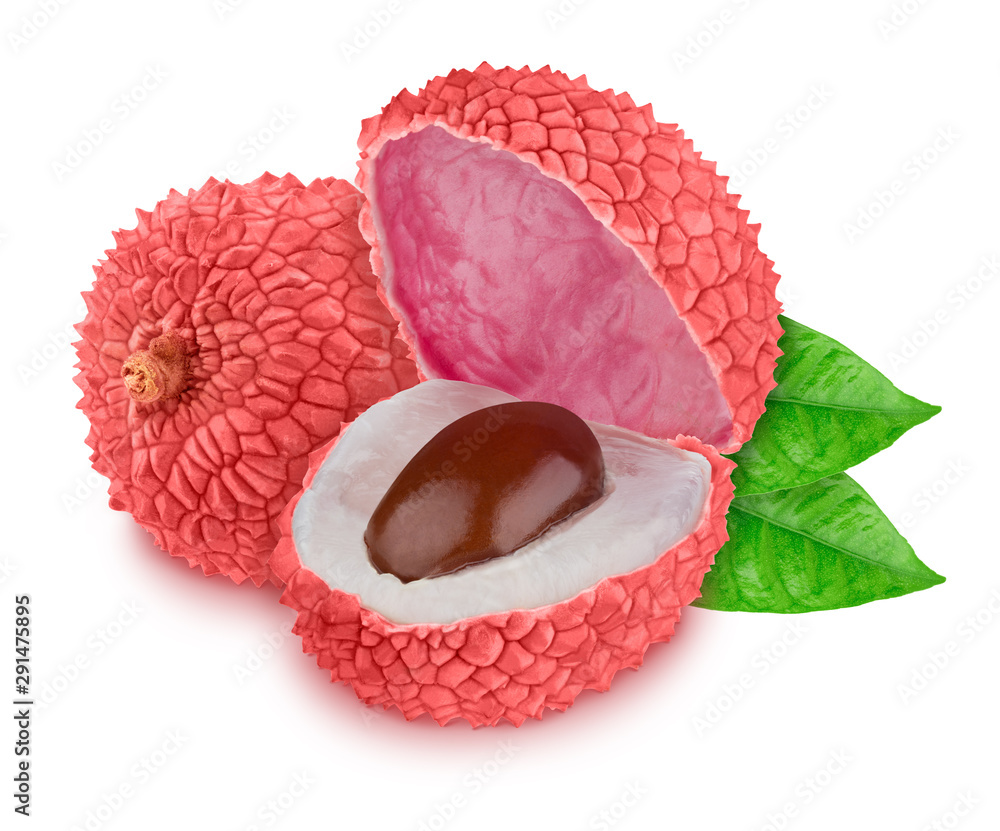 Poster composition with whole and halved litchi fruits isolated on white background. as design element.