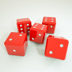 five three-dimensional game cubes on a white background. 3d rendering illustration