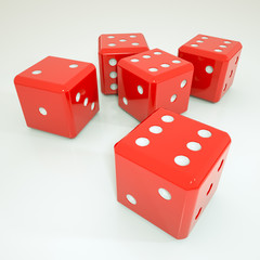 five three-dimensional game cubes on a white background. 3d rendering illustration