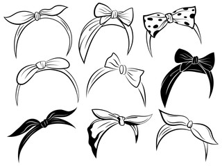 Set retro headband for woman. Collection of bandanas for hairstyles. Black and white windy hair dressing illustration.
