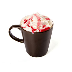 Black ceramic cup with Irish Coffee isolated on white background