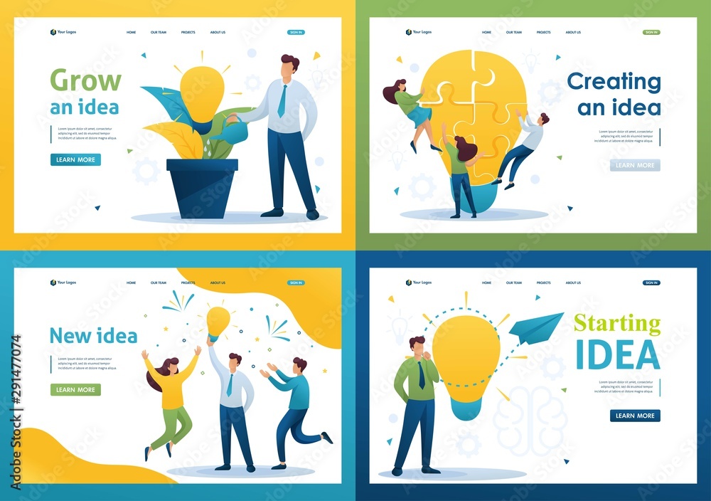 Poster set flat 2d concepts to create new ideas, business startup. brainstorm business ideas. for landing p