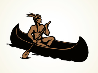 Native American in a canoe. Vector drawing