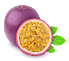 Composition with whole and halved passion fruits with leaves isolated on white background. As design element.