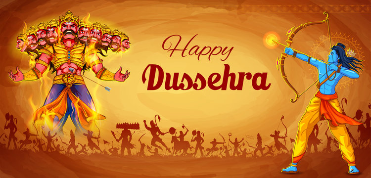 illustration of Lord Rama and Ravana in Dussehra Navratri festival of India poster