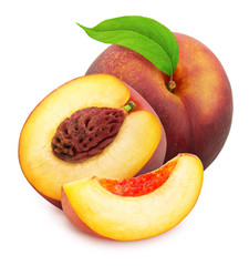 Composition with whole and halved nectarines with leaves isolated on white background. As design element.