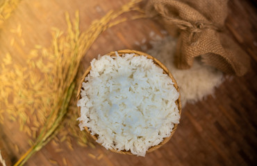Rice and Uncooked rice grains, food background.