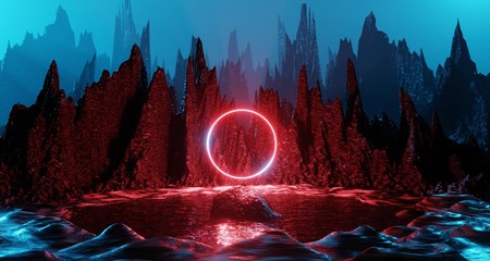Sci fi alien planet landscape futuristic rock surreal lighting space travel glow ring red neon light 3D rendering © photolas