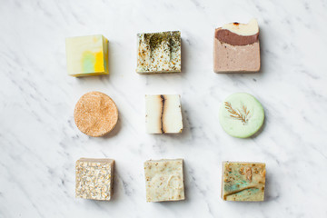 top view of various handmade organic soap