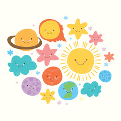 cute solar system. set for children.  comets, stars and planets. vector illustration. 