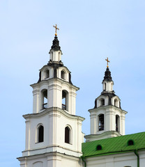 Fototapeta na wymiar Minsk, Belarus, bell towers of the Cathedral of the Descent of the Holy Spirit