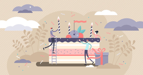 Birthday vector illustration. Tiny party event organizing persons concept.