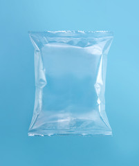 Template of food snack pillow bag on blue background with clipping path