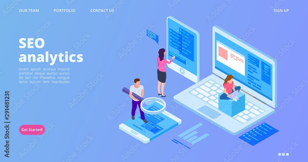 Poster seo analytics landing page. isometric seo optimization vector concept. analyst service web page temp