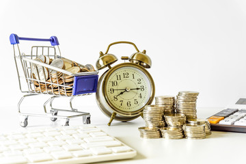 Coins stacked on each other in different positions. Saving money and finance business concept. Business finance and save money for prepare in the future. Time is money concept.