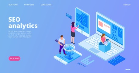 SEO analytics landing page. Isometric SEO optimization vector concept. Analyst service web page template. Illustration analytics seo website interface