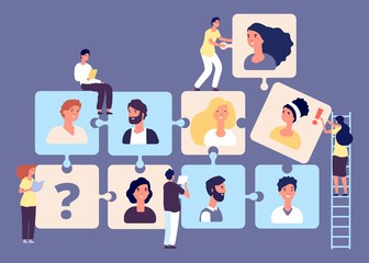 Personnel change concept. Recruiting, job search, human resource, employment agency vector illustration. Puzzle business team with tiny headhunters characters. Business employment team and headhunter