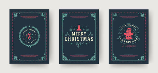 Christmas greeting cards set vintage typographic design, ornate decoration symbols with winter holidays wishes