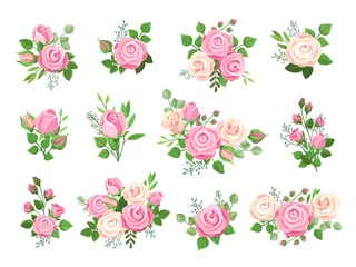 Fotobehang Bloemen Rozen boeketten. Rode, witte en roze rozen, bloemelementen met groene bladeren en knoppen. Aquarel bruiloft bloemen romantische vector decor. Bloemen blad bloesem, boeket bruiloft zomer illustratie
