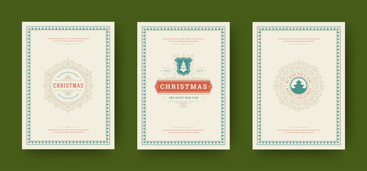 Christmas greeting cards set vintage typographic design, ornate decoration symbols with winter holidays wishes