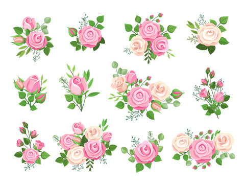 Rose bouquets. Red, white and pink roses, flower elements with green leaves and buds. Watercolor wedding floral romantic vector decor. Floral leaf blossom, bouquet wedding summer illustration