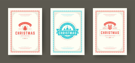 Christmas greeting cards set vintage typographic design, ornate decoration symbols vector illustration