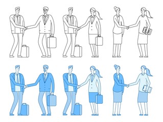 Business people characters. Business handshake. Line flat man woman, professional people vector set. Illustration character business man handshake partner