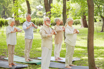 Old people doing qigong meditation exercise outdoors