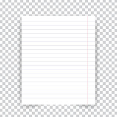 Striped school notebook paper sheet on transparent background. Vector illustration .