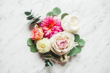 Wedding composition on the white marble background
