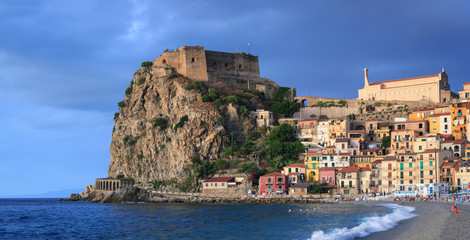 Fototapeta na wymiar The Ruffo Castle on mountain rock of Scilla town, Italy, Calabria