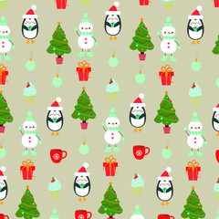 Vector graphics. Cute, cartoon Christmas pattern. Christmas characters. Light background. 