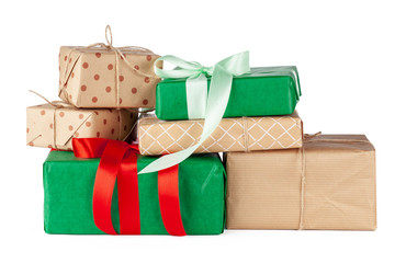 Stacked group of gift boxes isolated on white background