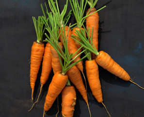 Appetizing juicy orange washed carrots stacked on a black velvet background