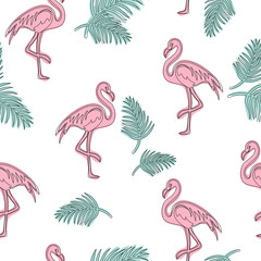 Tropical flamingo hand drawn seamless pattern. Flamingo with tropical leaves.