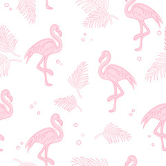 Soft seamless pattern with pink flamingos on white isolated background.