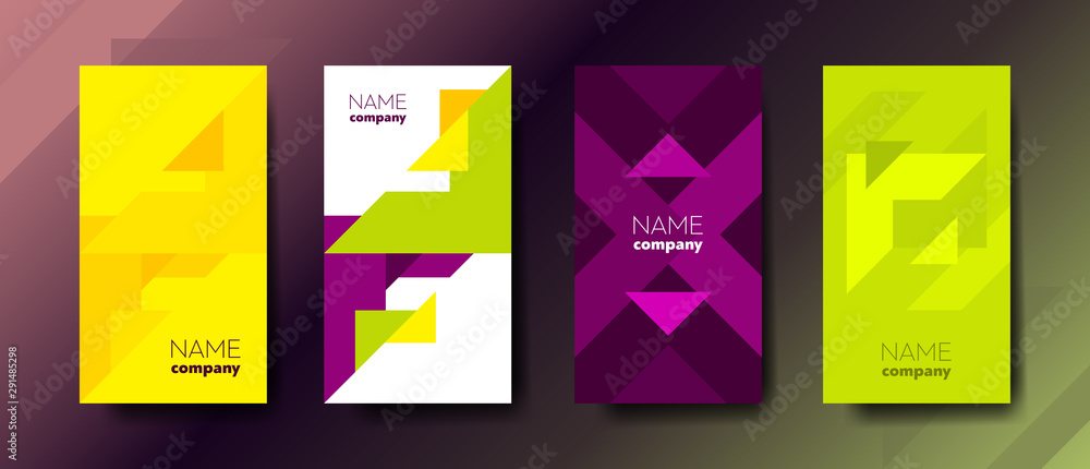 Poster set of four color vertical abstract business cards with graphic elements and text.