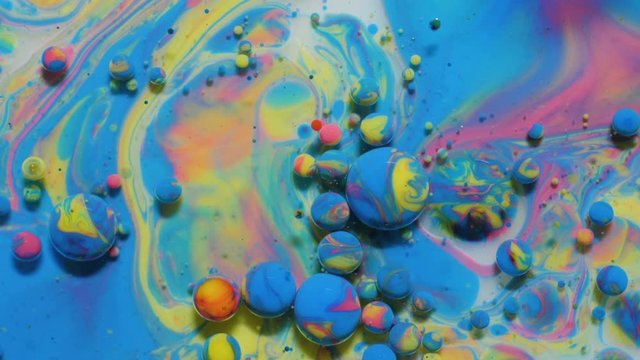 Slow Motion Bright Colors Bubbles Oil Beautiful Paint Universe Color Moving Multicolored Closeup. Acrylic Paint. Fantastic Hypnotic Surface. Abstract Colorful Paint Metamorphosis Structure Colorful Bu