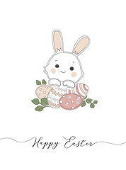 Easter bunnies and easter eggs. Minimalistic card with lettering.