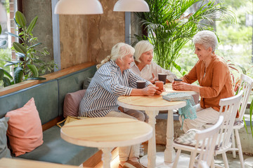 Cheerful senior women spending time at outdoor cafe