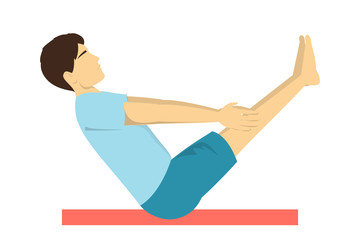 Man in the yoga boat pose. Exercise for health and relaxation