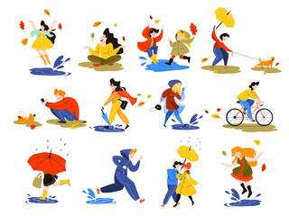 People in autumn season set. Park activity. Man on bicycle