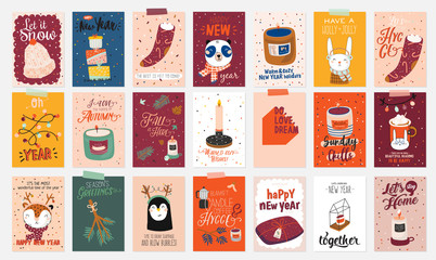 PMerry Christmas or Happy New 2020 Year illustration with holiday lettering and traditional winter elements. Cute paper label, banner, tags or stickers template in scandinavian style. Vector backgroun