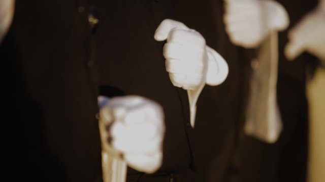 Row of waiters with white gloves and tuxedo serving the high class people