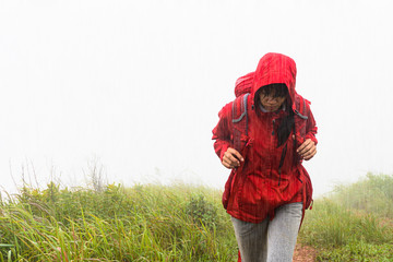 woman traveller trekking on the meadow field at raining shower on the hill mountain