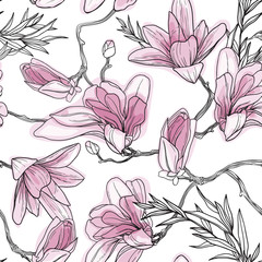 Floral seamless pattern background with hand drawn tropical japanese flowers, magnolia flowers, spring branches. Perfect for wallpapers, web page backgrounds, surface textures, textile.