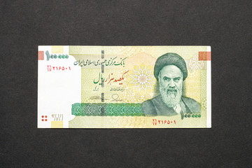 Khomeini on 100000 rials banknote from Iran, Rial is the national currency of Iran