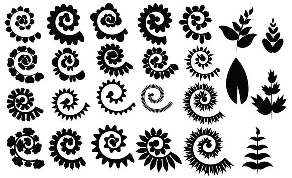 Set rolled flowers. Collection rolled paper flower. Black white vector illustration for scrapbooking. Plotter cutting for paper.