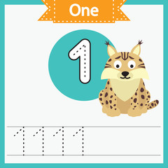 Baby learning cards with numbers and animals. Learning to count and to write numbers. Handwriting practice sheet. Educational game for children. Number 1